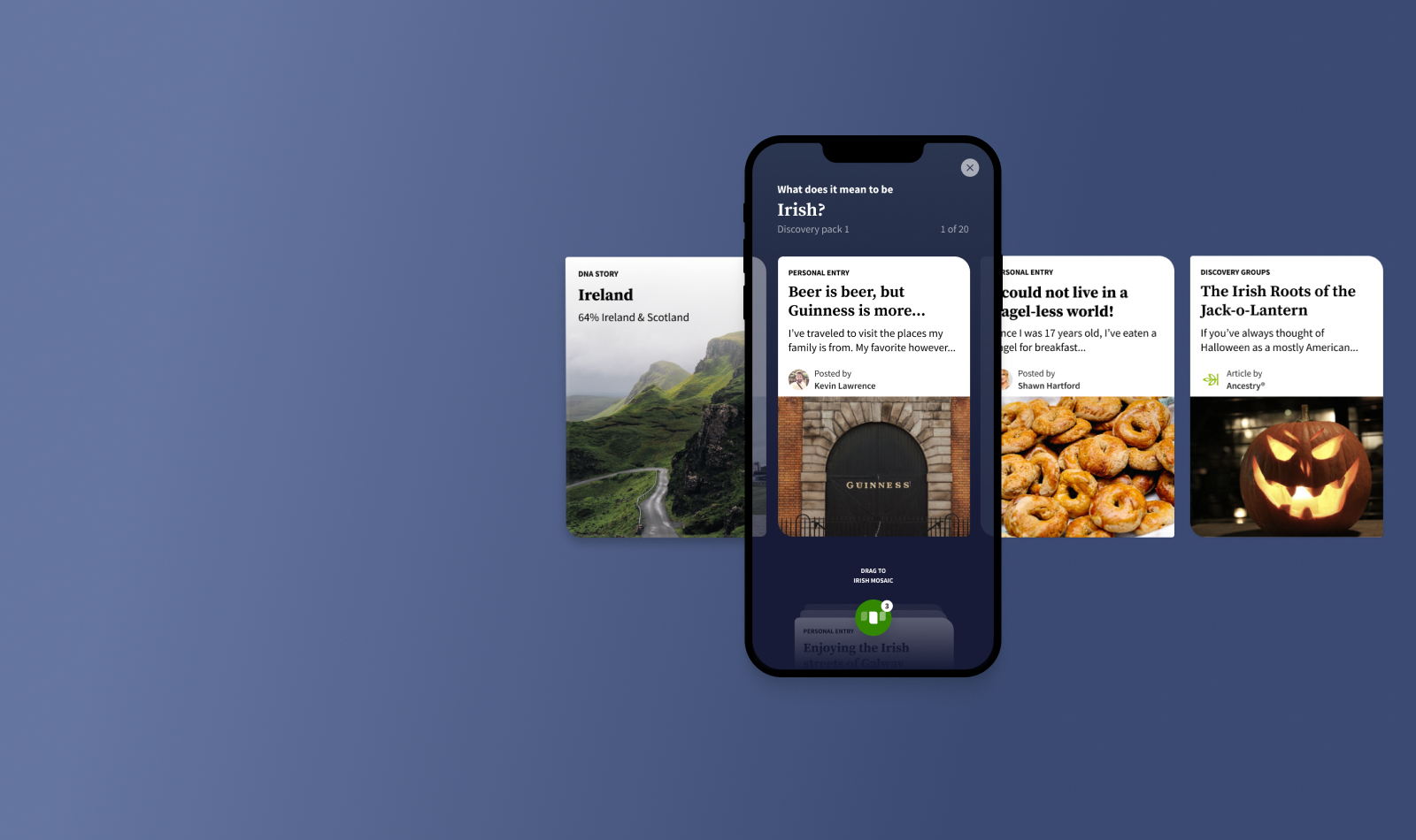 Ancestry Mosiac screens with content cards on either sides