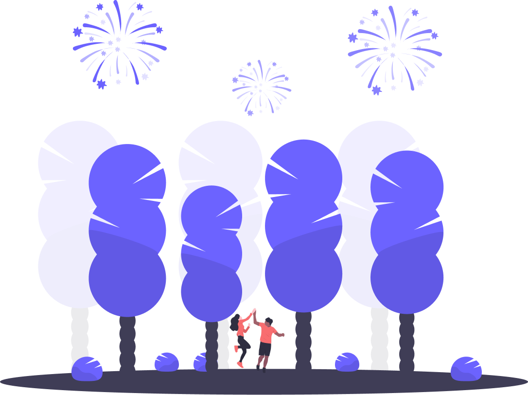 illustration of two people high fiving in a forest with fireworks overhead