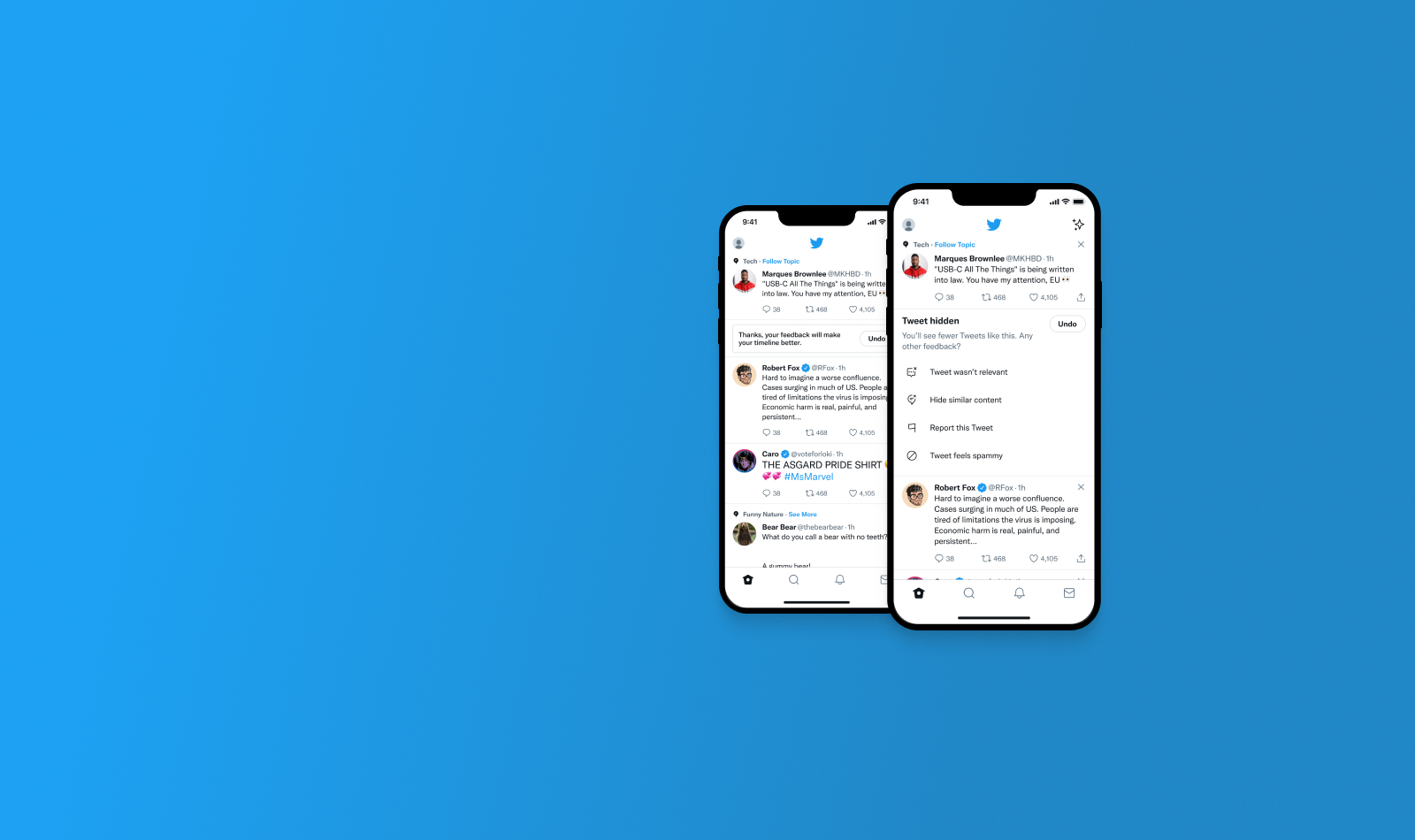 2 iphone's showing Twitter's Project Nah on a blue background