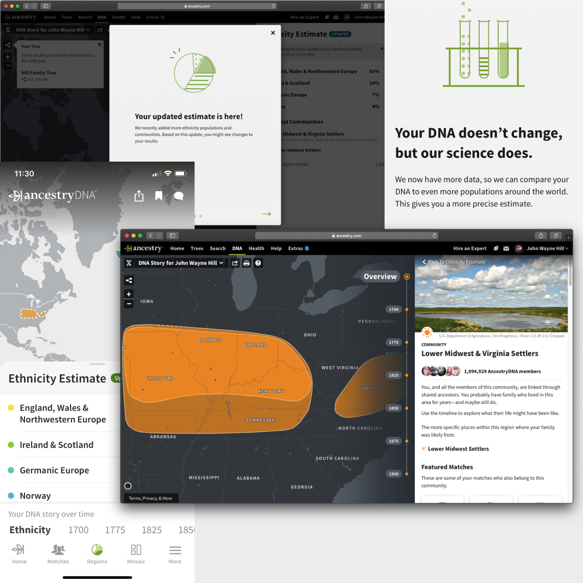 Sketches and older interface for the Ancestry DNA Story product. Showing the evolution over three years.