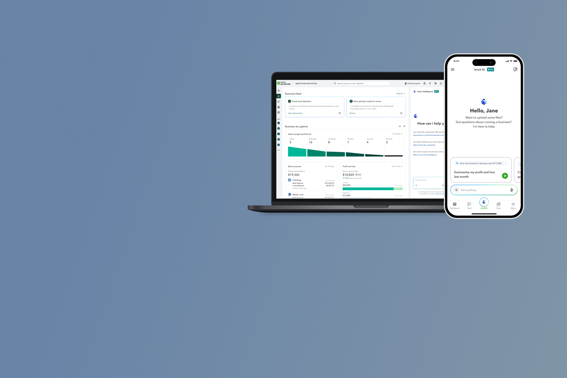 Intuit Intelligence conversational AI experience for QuickBooks shown across mobile and web