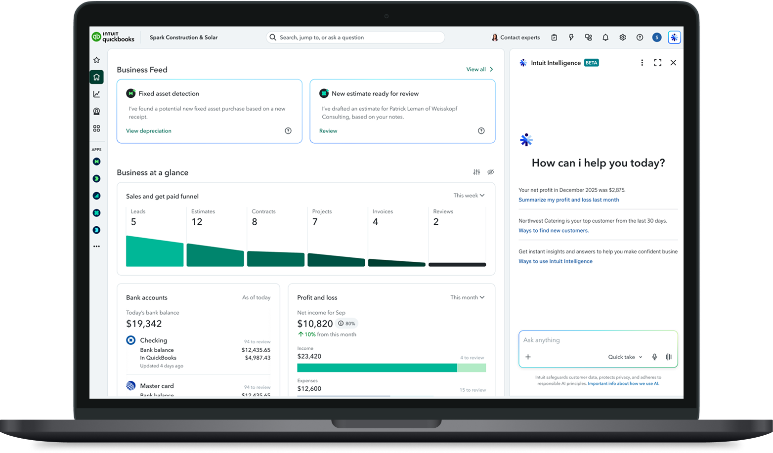 Intuit Intelligence conversational AI shown across QuickBooks surfaces