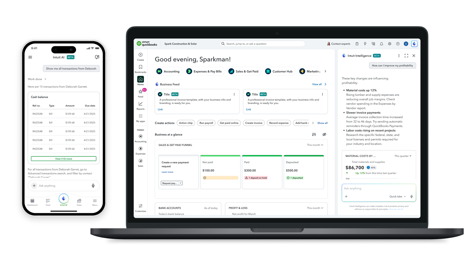 Intuit Intelligence conversational AI experience shown in context inside QuickBooks