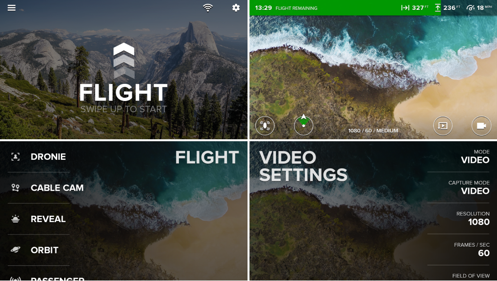 Main screens for drone flight including Home, Flight HUD, Flight Menus, and Video Setting menus.