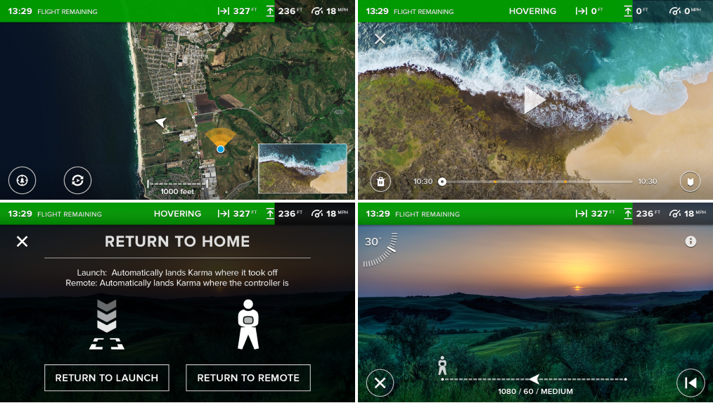 Flight HUD screens showing map views, media views, and automatic modes for the drone.