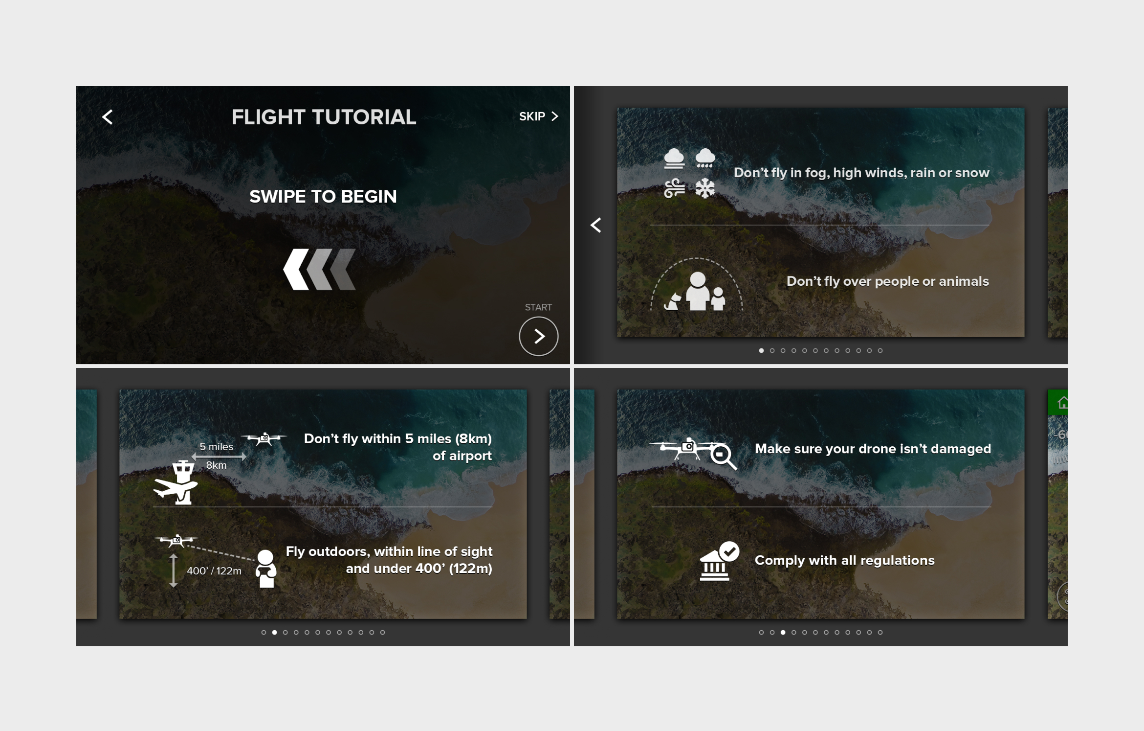 Flight tutorial and safety information which displays before the drone's first flight.