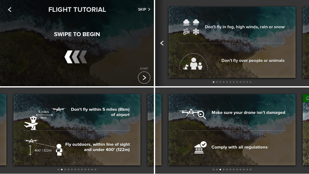 Flight tutorial and safety information which displays before the drone takes off