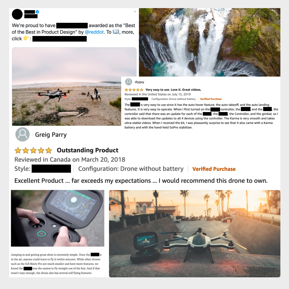 Screenshots of articles and reviews of the drone and controller