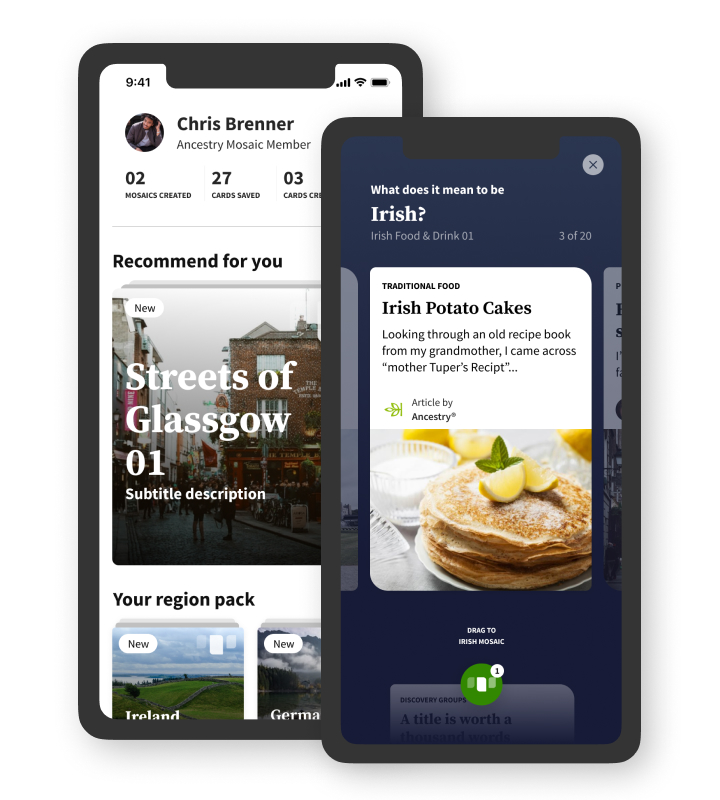 Product screens showing Ancestry Mosaic for iOS