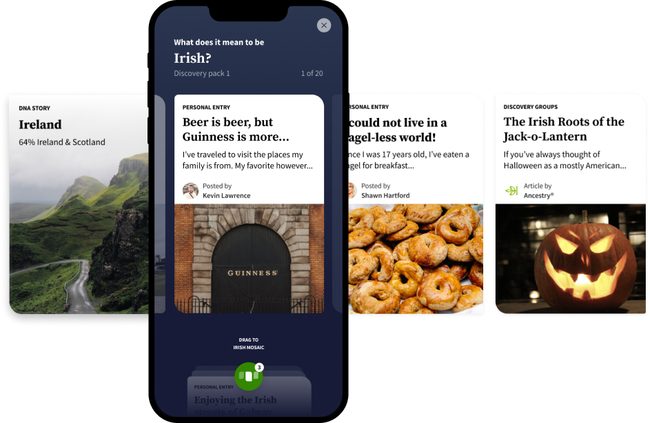 Ancestry Mosaic screens with content cards on either side