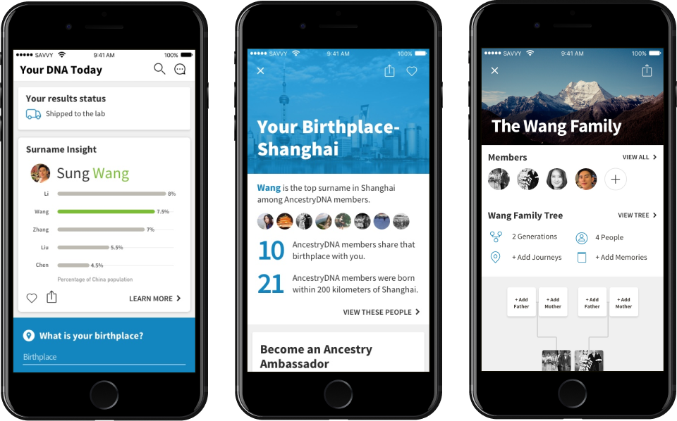 Your DNA Today home screen with a surname insight, a Shanghai birthplace story, and a family group page