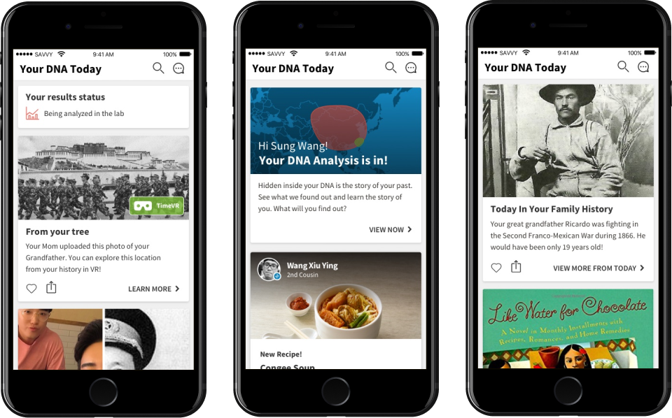 Personalized daily feed cards: results status, photos from your tree, a DNA analysis announcement, and a family recipe