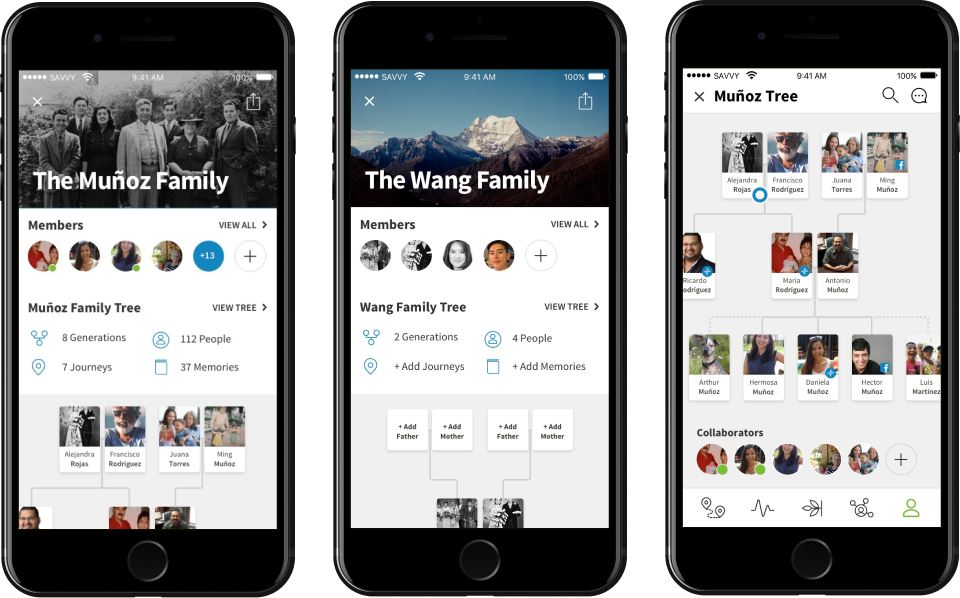 Family group pages for the Muñoz and Wang families alongside an interactive family tree