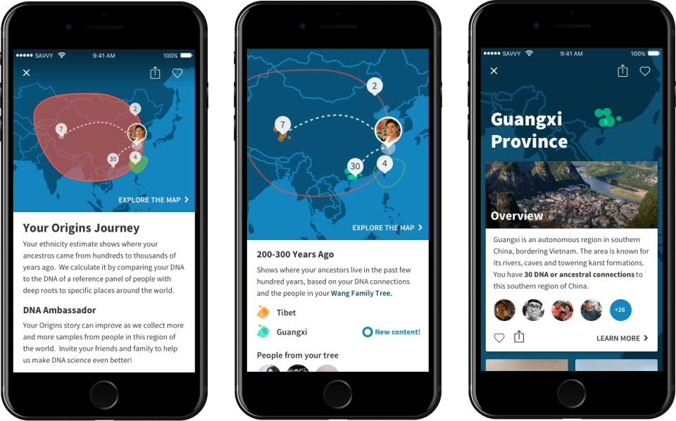 Your Origins Journey migration maps tracing ancestors across generations, and a Guangxi Province overview