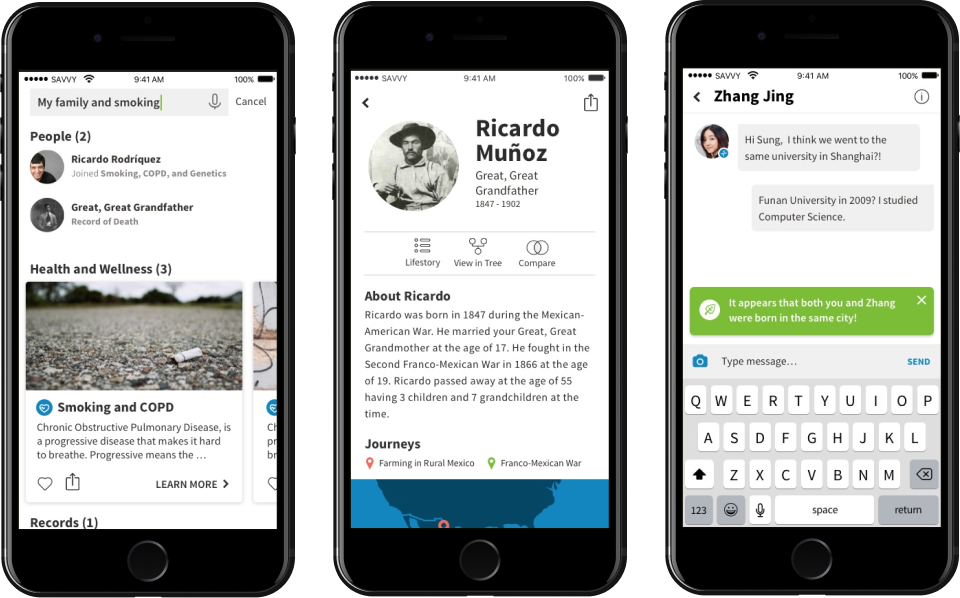 Health traits traced through relatives, an ancestor profile for Ricardo Muñoz, and a message thread with a relative