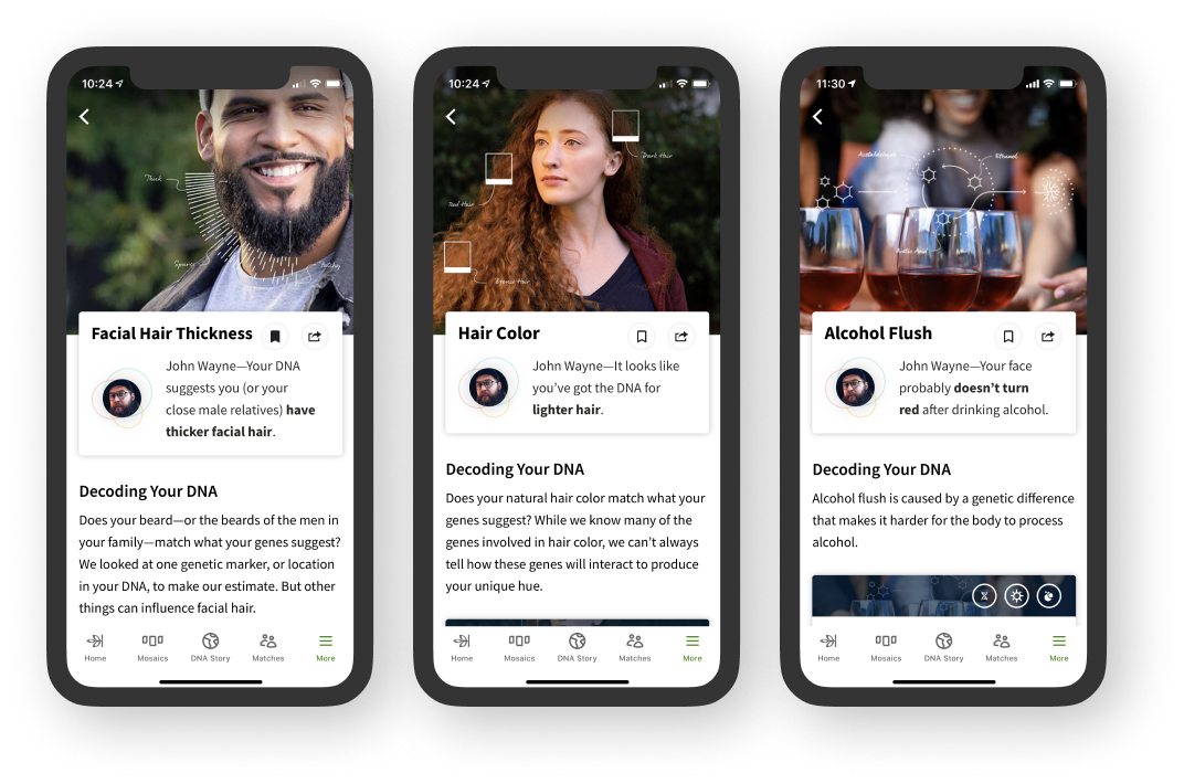 AncestryDNA Traits, showing Trait details for Facial Hair Thickness, Hair Color, and Alcohol Flush.