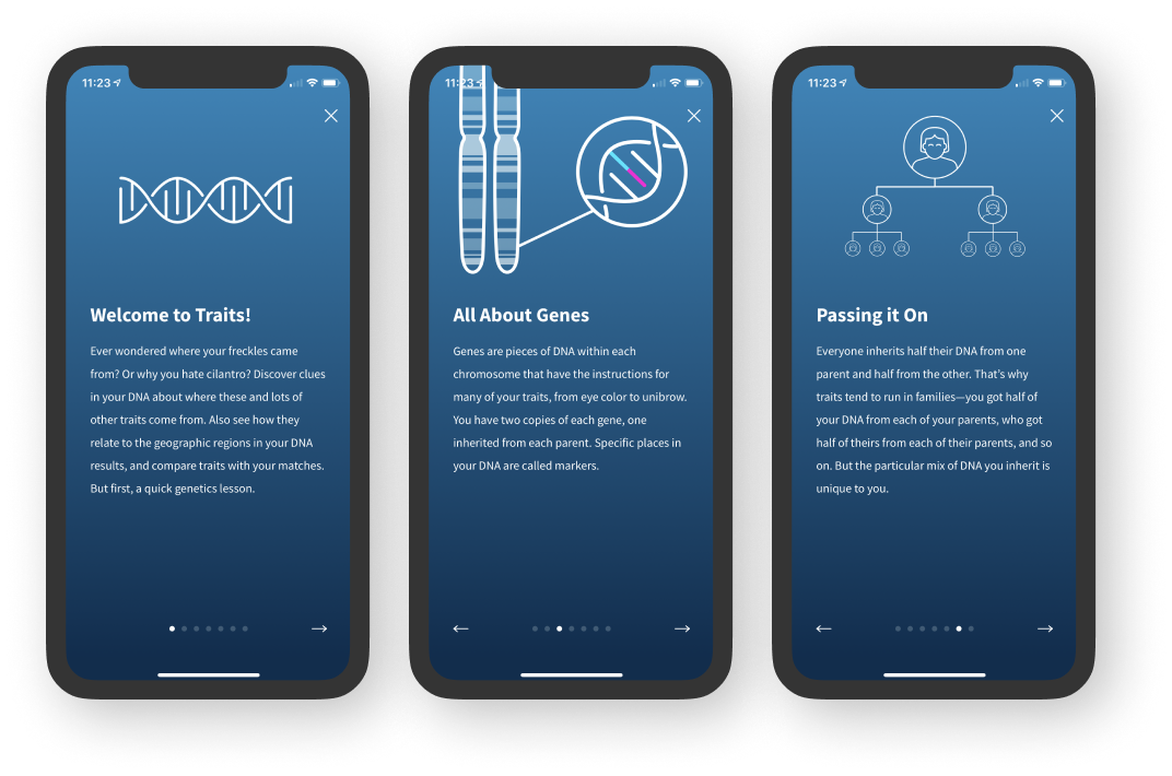 Traits Introduction screens helping customers form a mental model of the product.