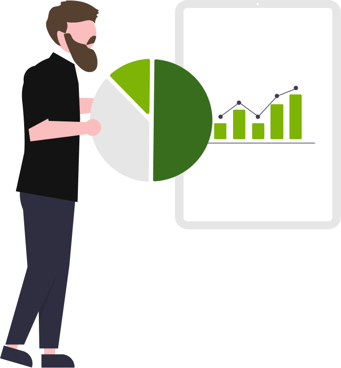 illustration of a man with a pie chart looking at rising metrics as a graph