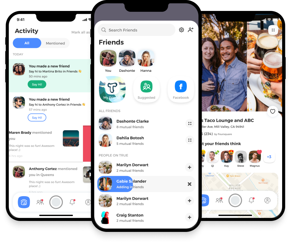 Additional True app screens across Places, Explore, and Activity