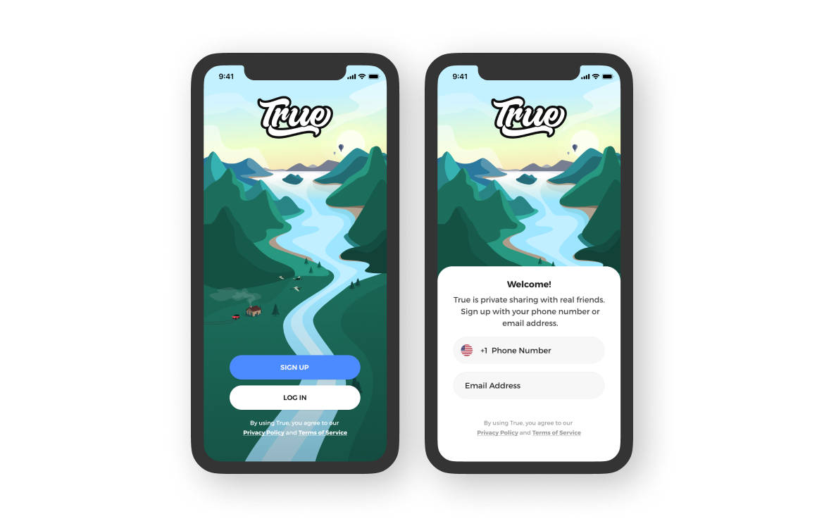 Screens showing user onboarding for the True app.
