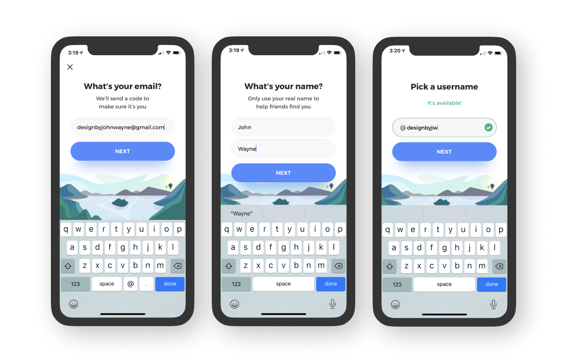 Screens showing user onboarding for the True app.