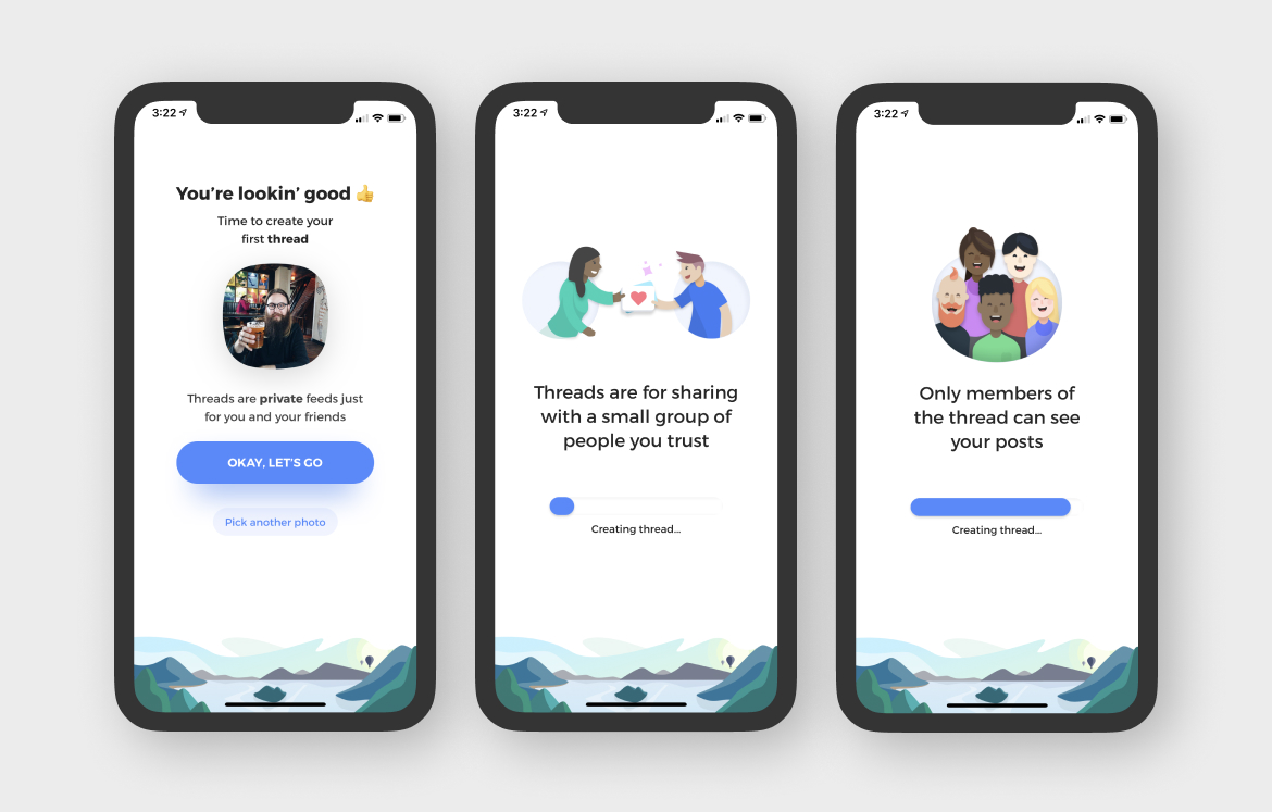 True user onboarding screens including adding a photo and inviting friends