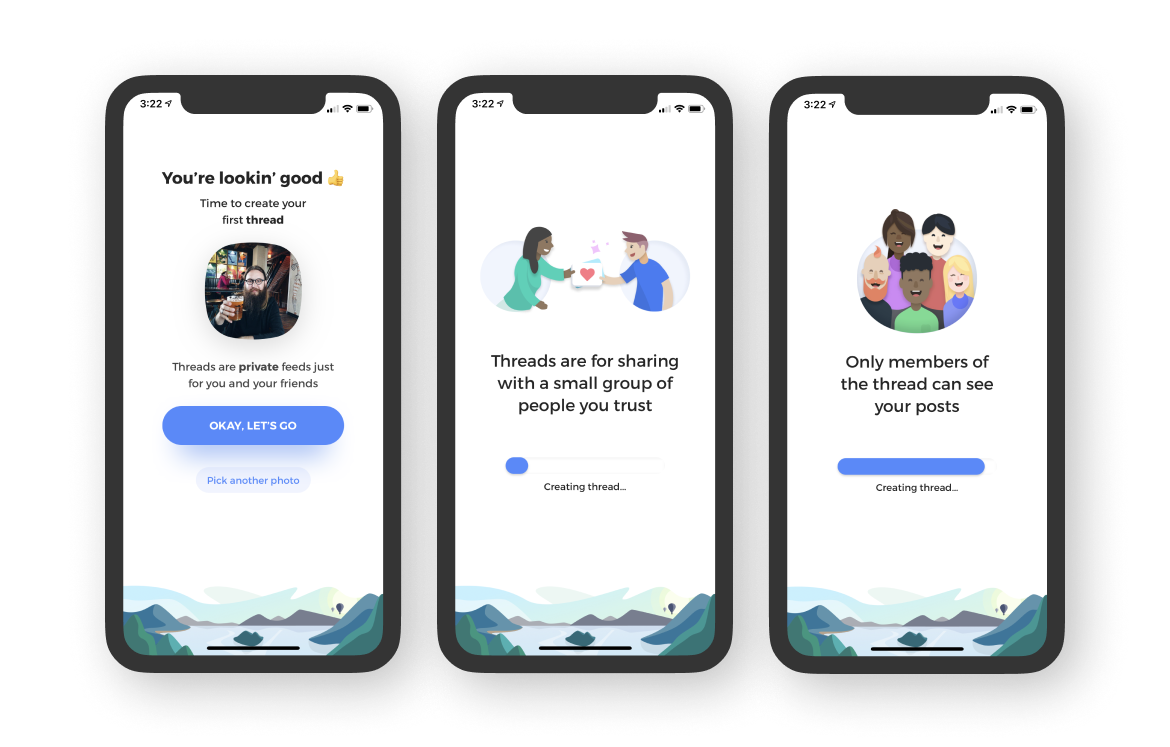 True user onboarding screens including adding a photo and inviting friends
