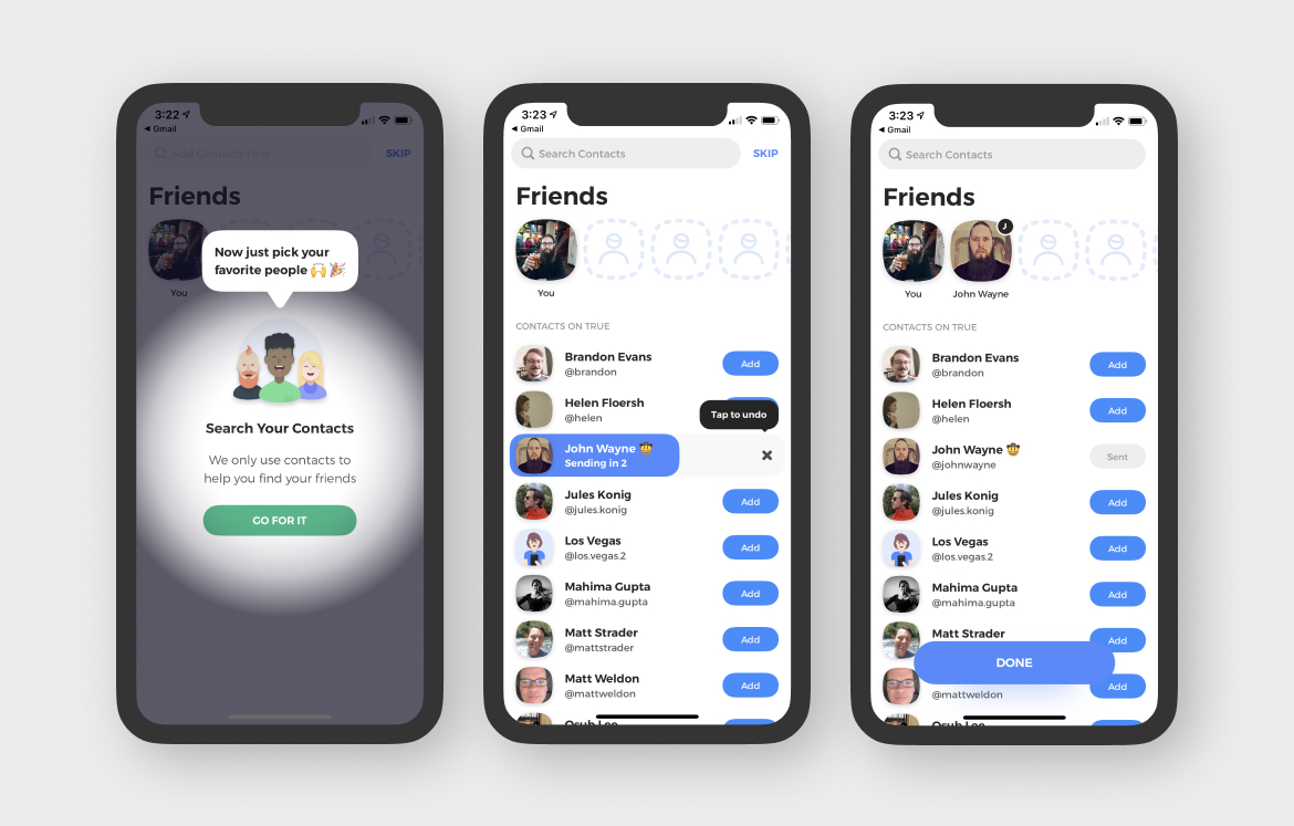 Inviting friends screens showcasing how easy it is to invite others to join you