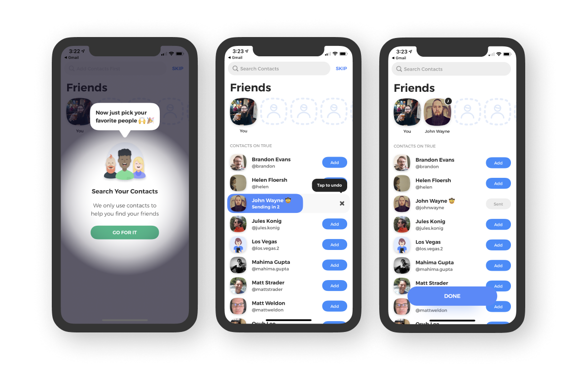 Inviting friends screens showcasing how easy it is to invite others to join you