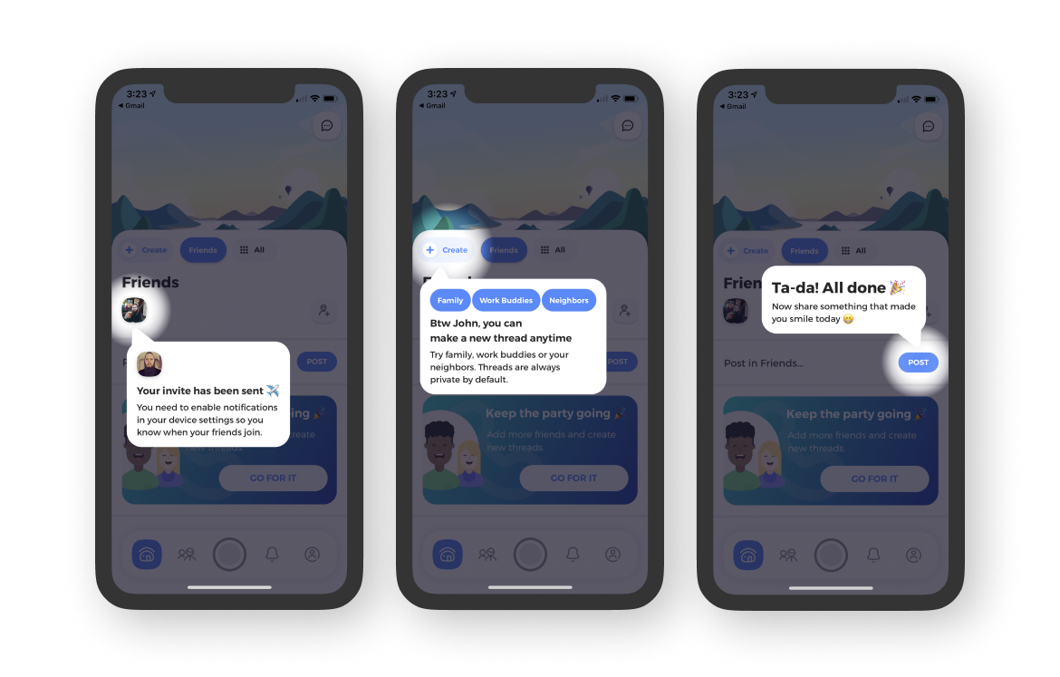 Ending the user onboarding, we showcase three quick education tooltips