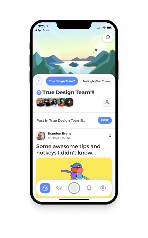 Product screens showing True (a private social network) for iOS