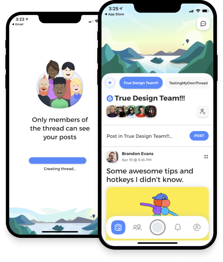 True app screens showing private, threaded feeds
