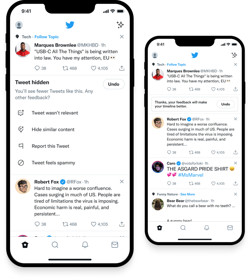Twitter Project Nah dismiss interaction shown across app screens