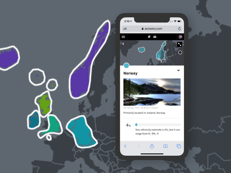 Two iphones showing the Ancestry DNA Story product